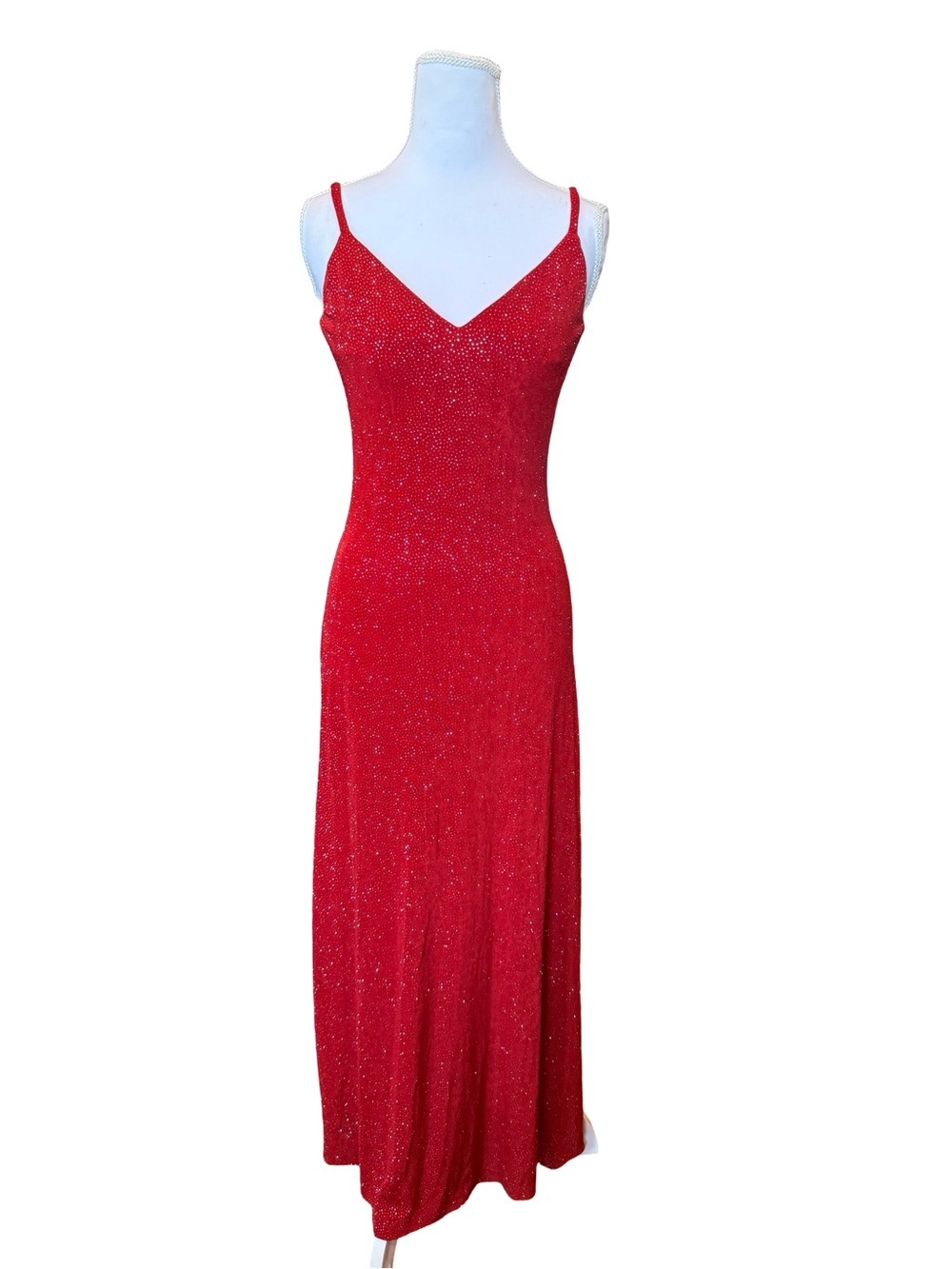 Vintage Cache Red Sleeveless Maxi Dress Size 2 Y2K 90s Glam Slip Dress Sparkly